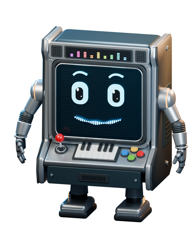 DAWCADE's arcade machine assistant with a smiling screen face