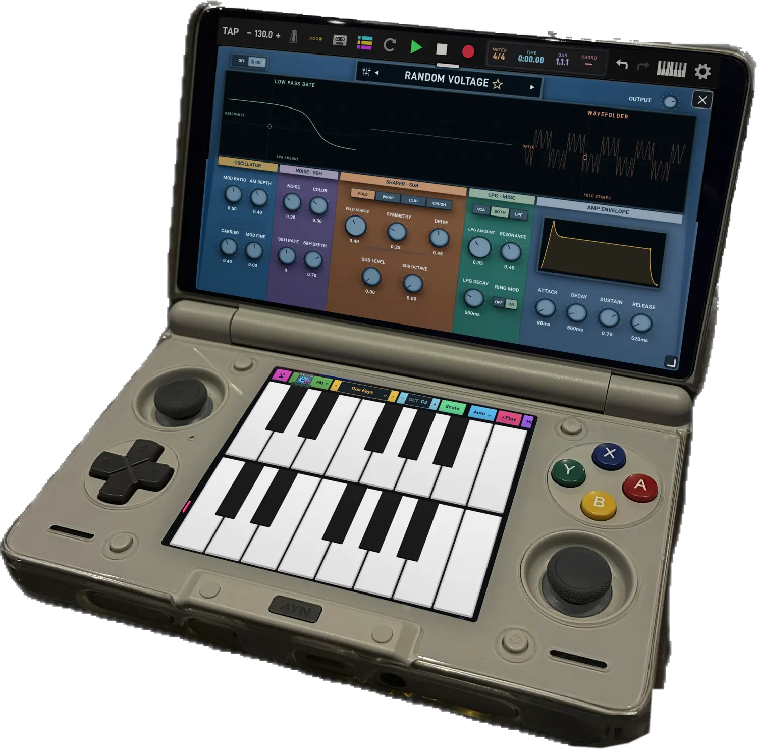 Dawcade on AYN Thor: Voltage Synth on the top screen, the keyboard below