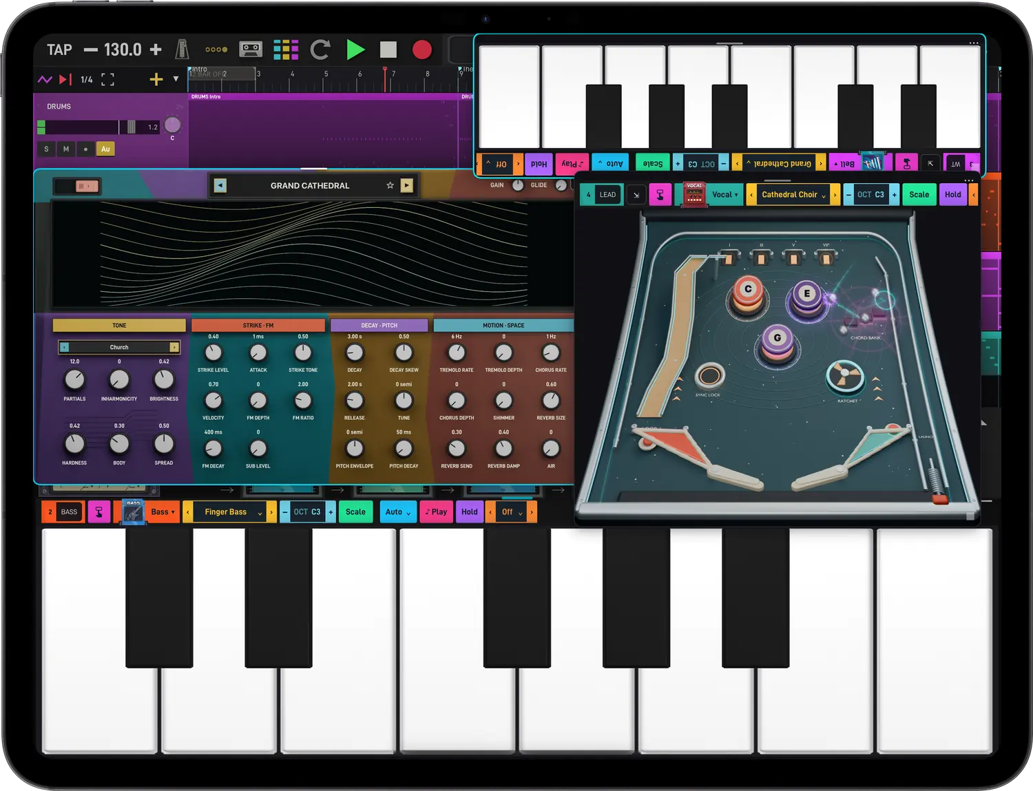 Dawcade on iPad: synth, pinball and keyboard side by side
